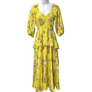 Floral Tiered Midi Dress Yellow Cottagecore Garden Boho Women's 4